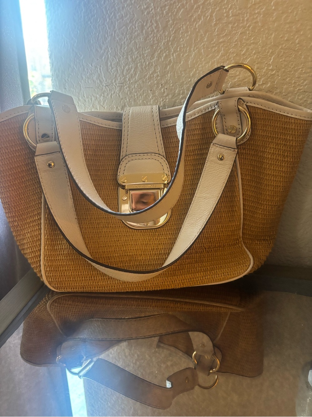 Michael Kors Tan Straw Satchel with White Trim and Gold Hardware